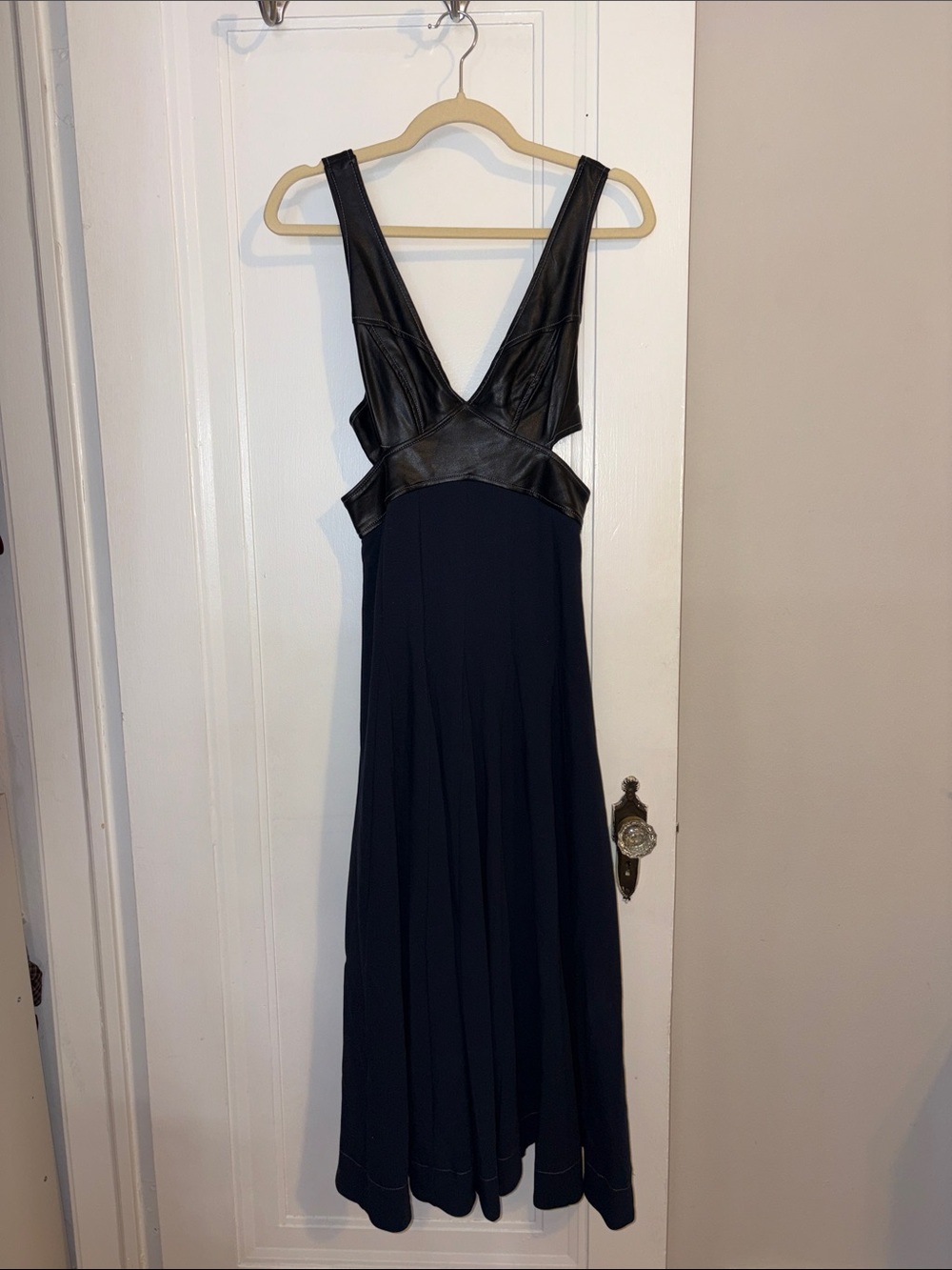 Anthropologie Sleeveless V-Neck Maxi Dress with Faux Leather Bodice — Black